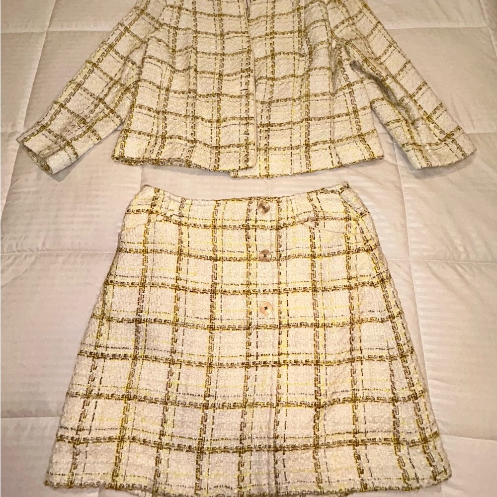 CAbi Cream and White A-Line Mini Skirt Set